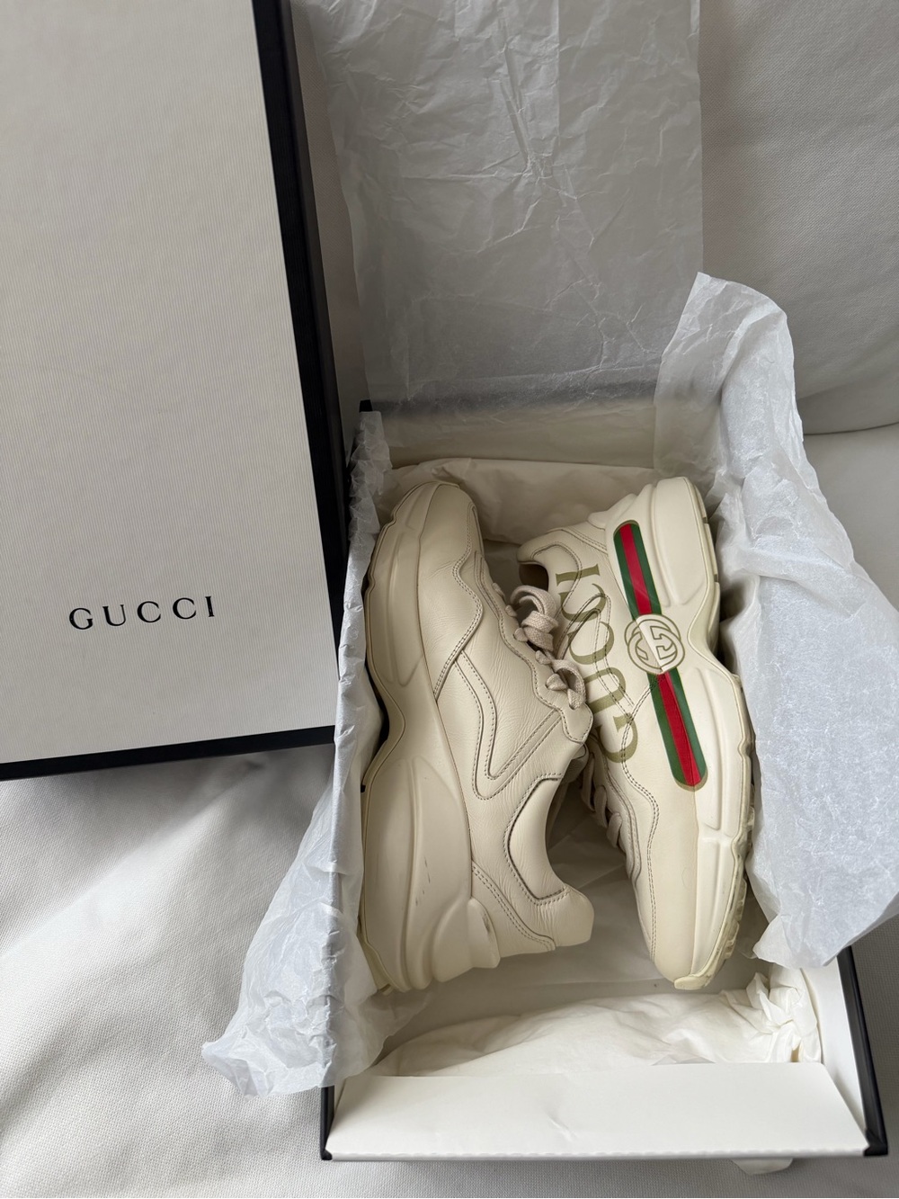 Gucci Cream Leather Chunky Sneakers with Red & Green Stripe - Picture 1 of 10